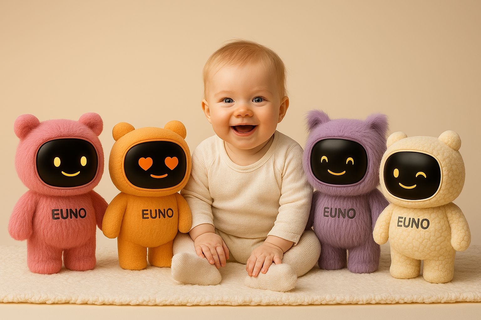 Un bébé souriant entouré de plusieurs Euno dans une scène tendre et lumineuse