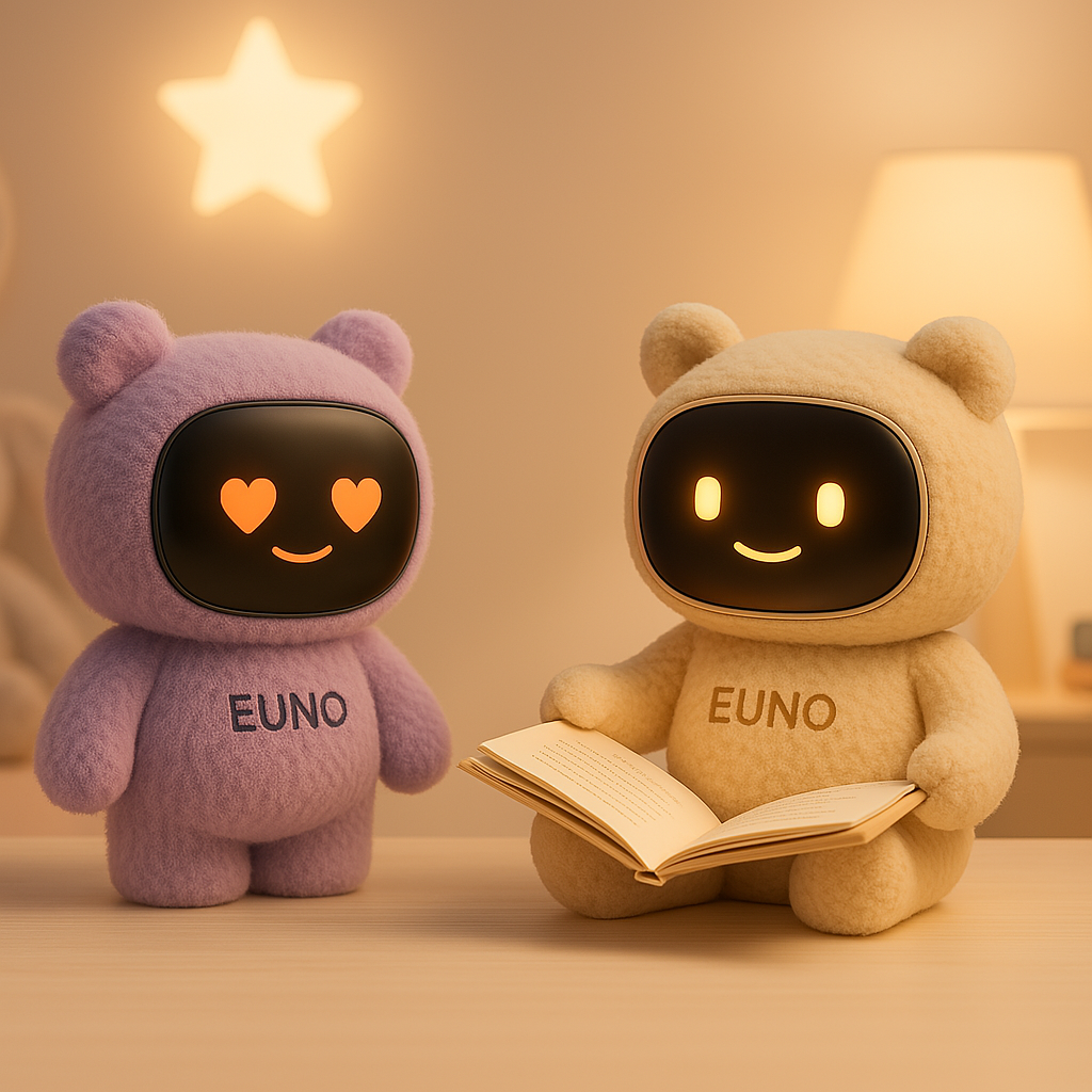 Deux robots Euno partagent un moment calme autour d'un livre dans une ambiance douce du soir