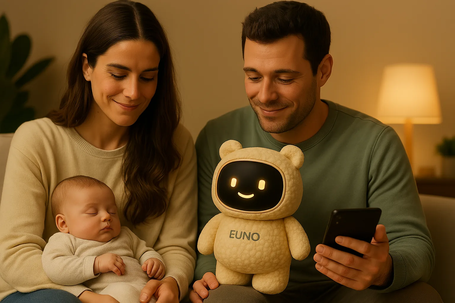 Deux parents, leur bébé et Euno réunis dans un salon calme et chaleureux