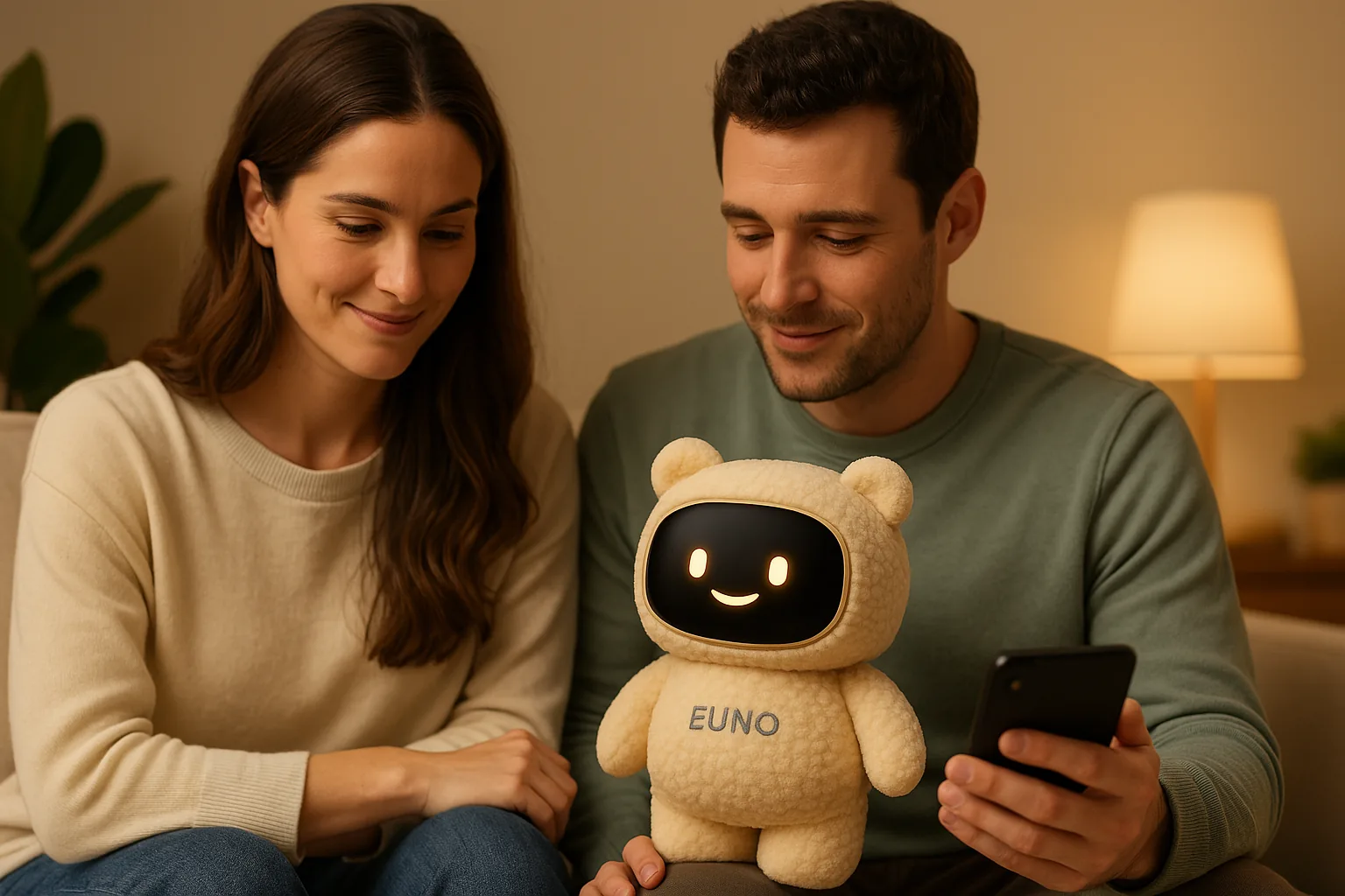 Un couple observe Euno dans un intérieur apaisé